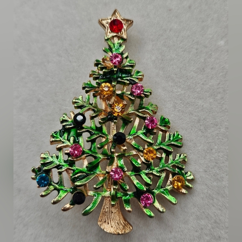 Colorful Rhinestone Accent Christmas Tree Gold Tone Brooch Pin Holiday - Picture 6 of 6